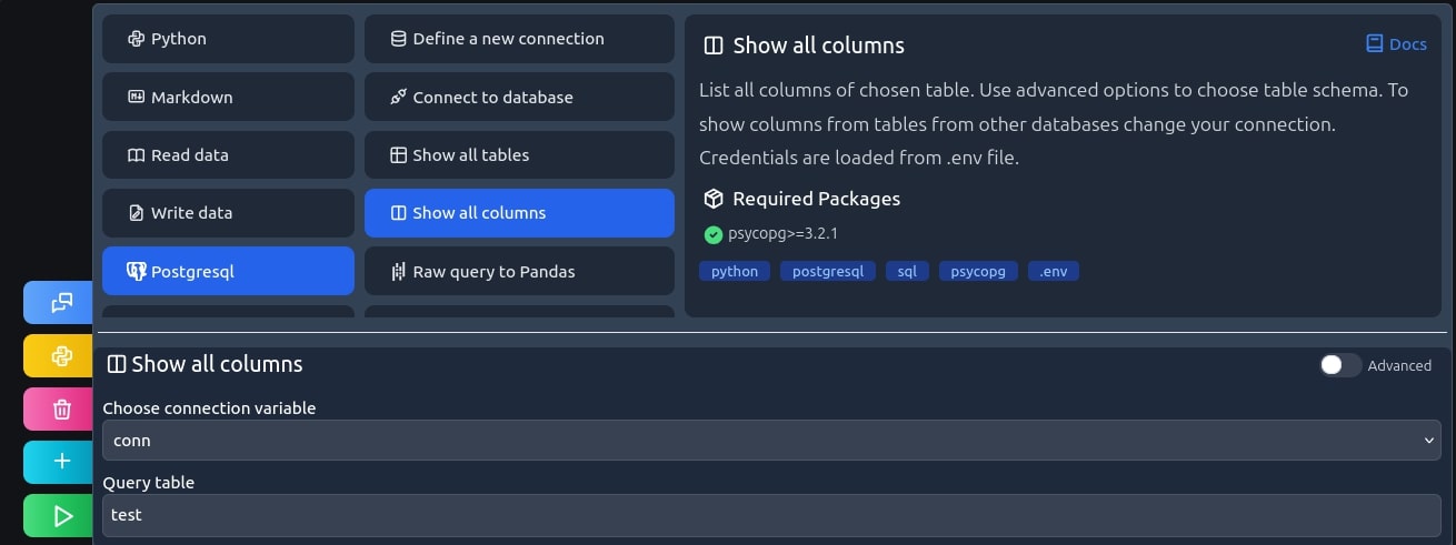 mljar studio screen cap, show all columns recipe