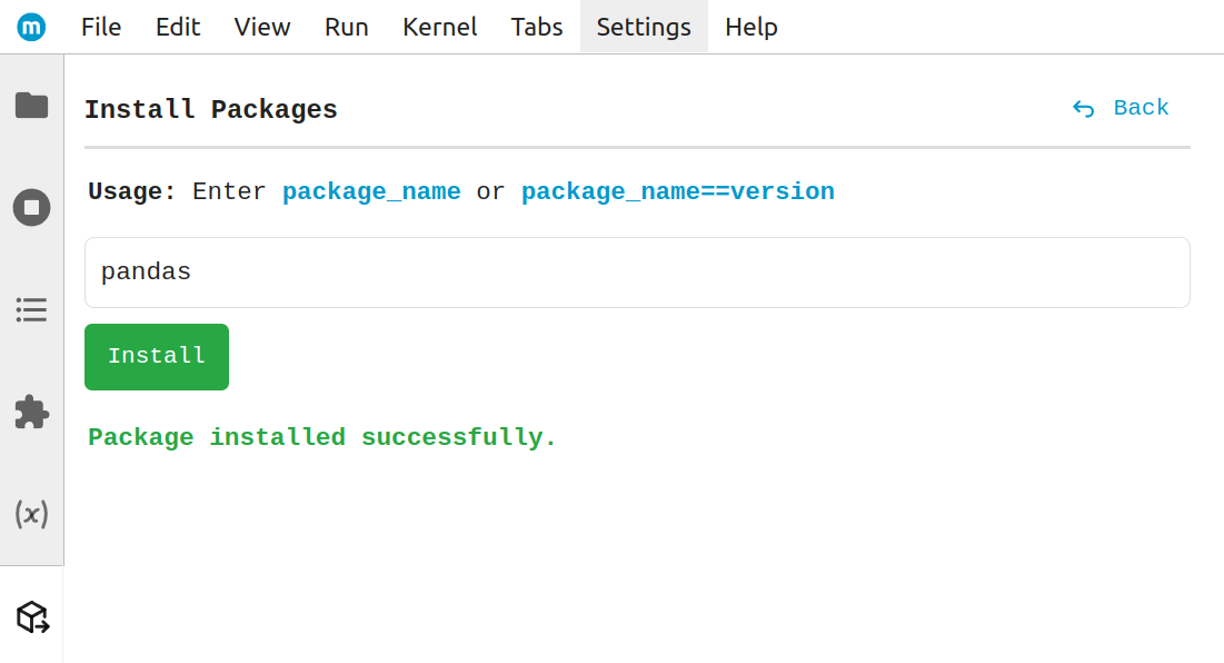 Confirmation message - Jupyter Package Manager