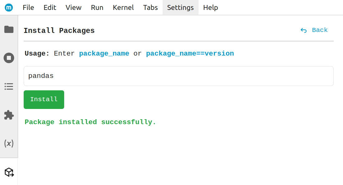 Confirmation message - Jupyter Packages Manager