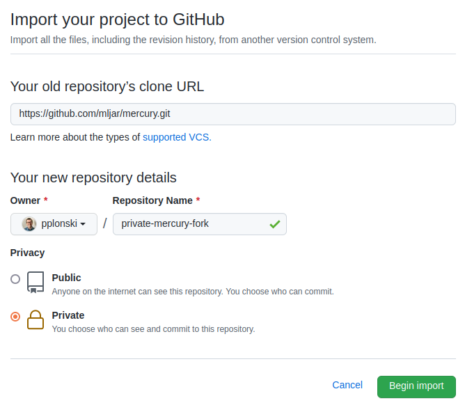 GitHub private import Mercury repo to private fork