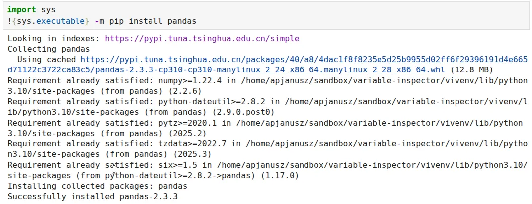 Install a package from a Jupyter Notebook cell using a previously changed global PyPI URL.