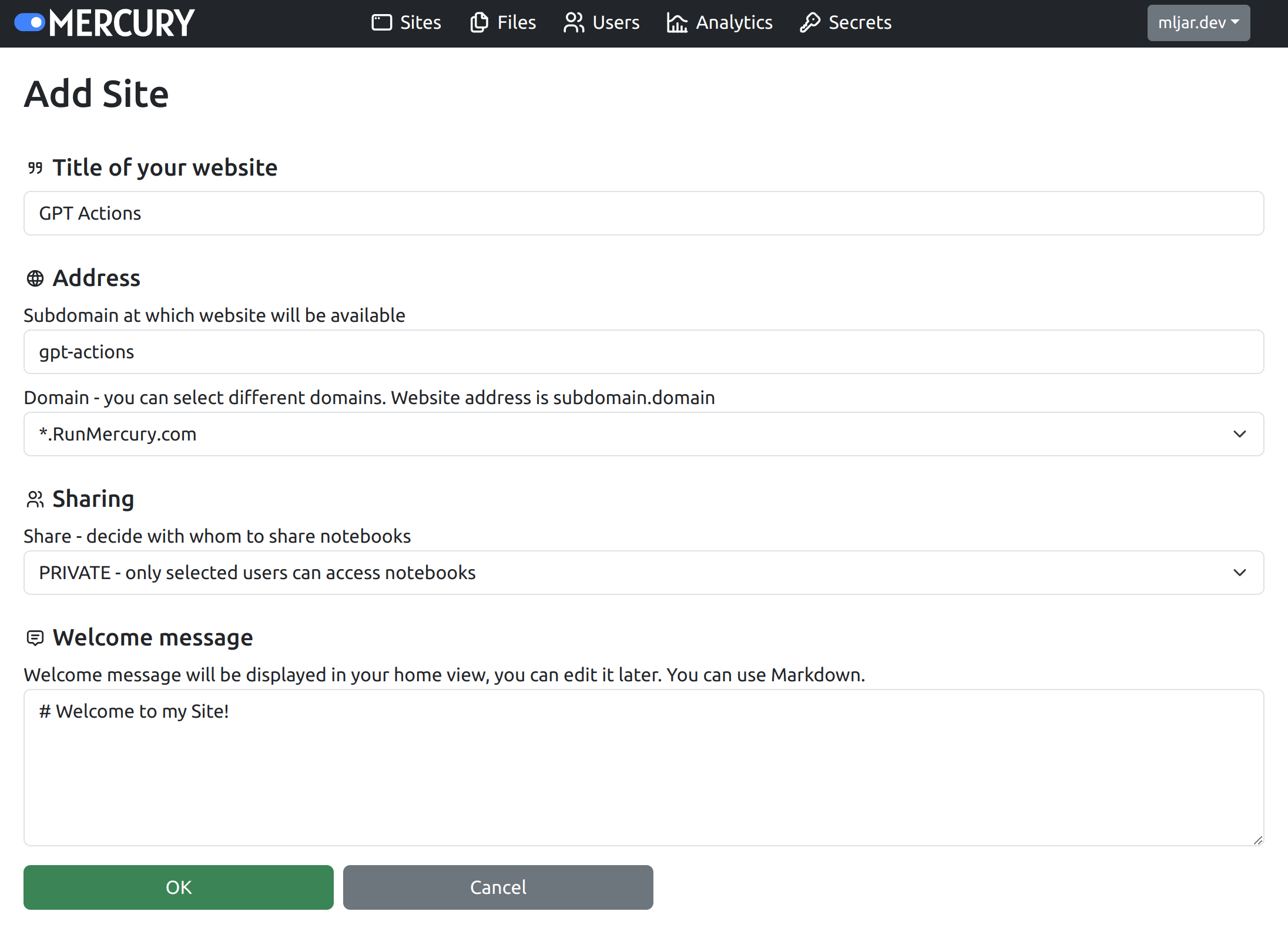 Create website in Mercury Cloud