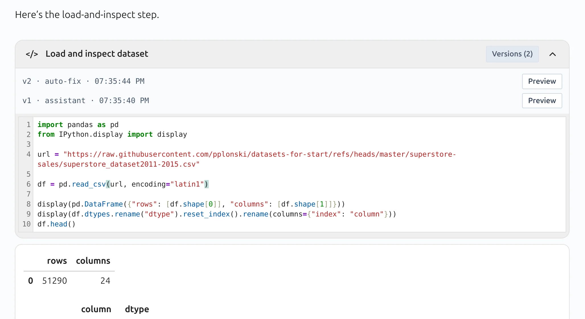 Auto-fix attempts in conversational notebook