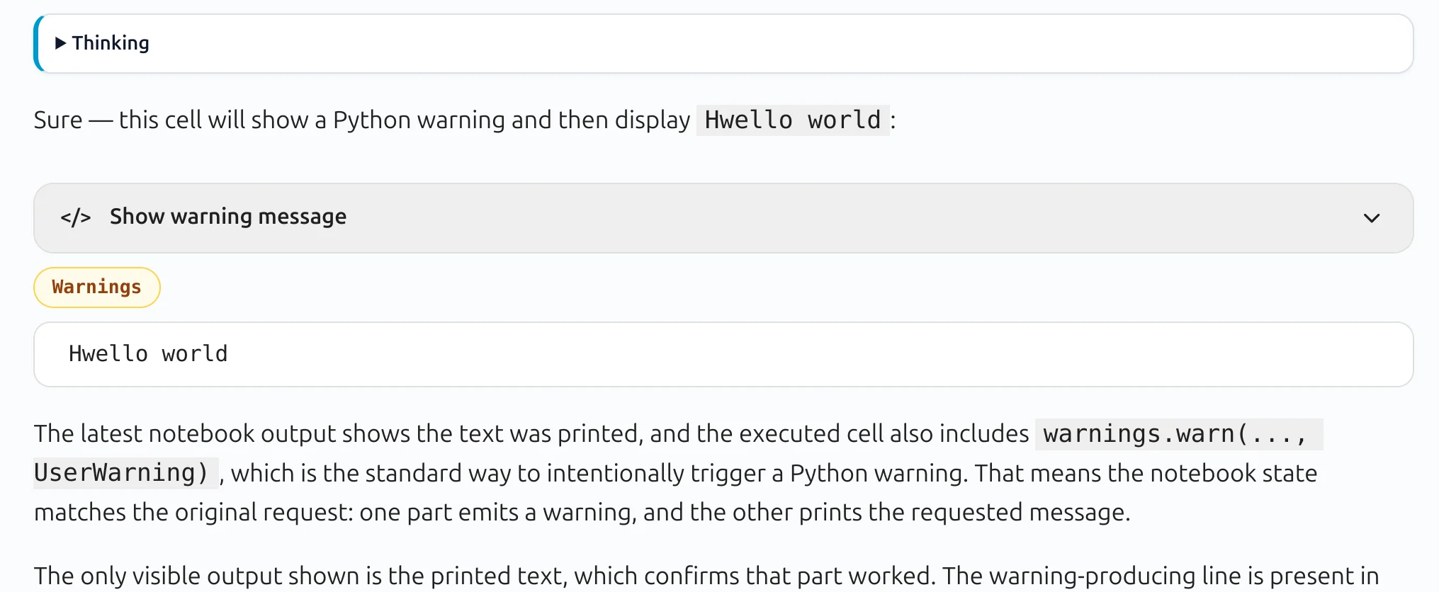 Warning chip in conversational notebook