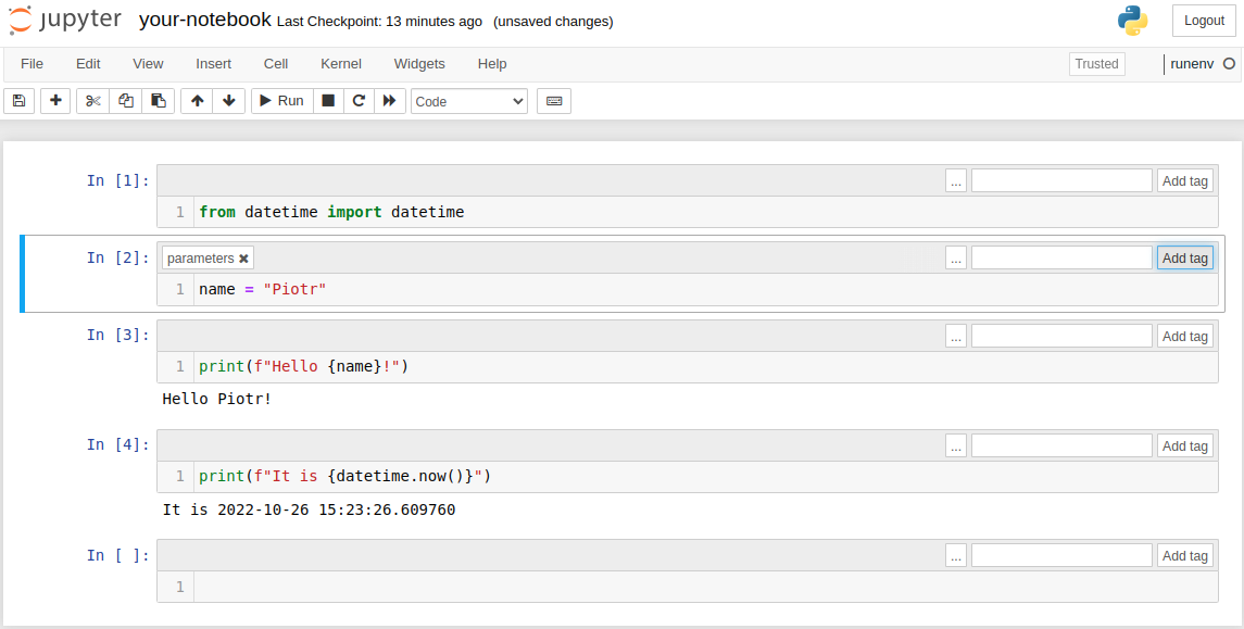 Notebook with parameters tag