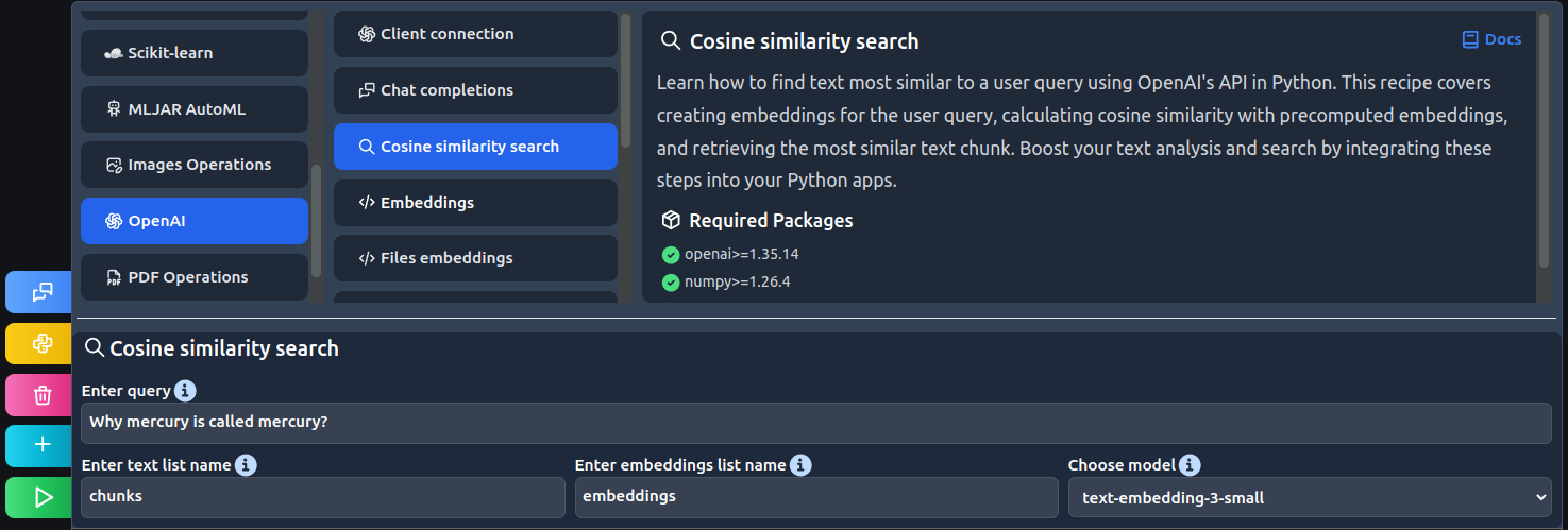 Cosine similarity search recipe