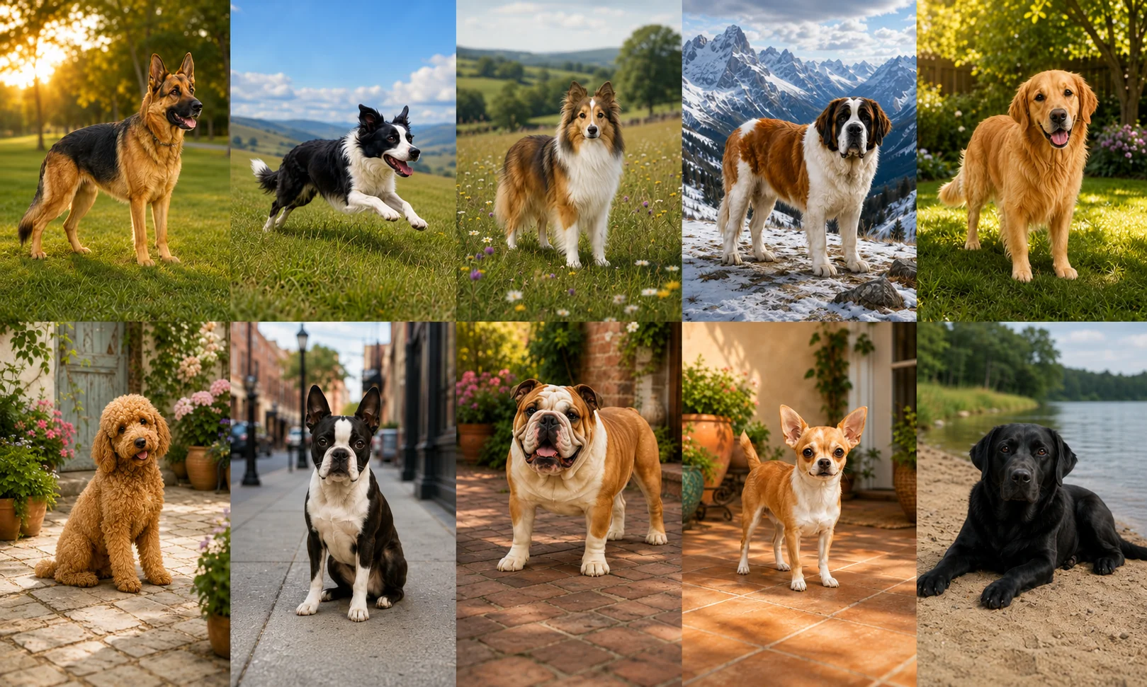 Ten dogs of different breeds in a collection of outdoor settings
