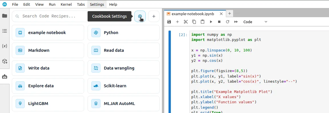 Cookbook settings button