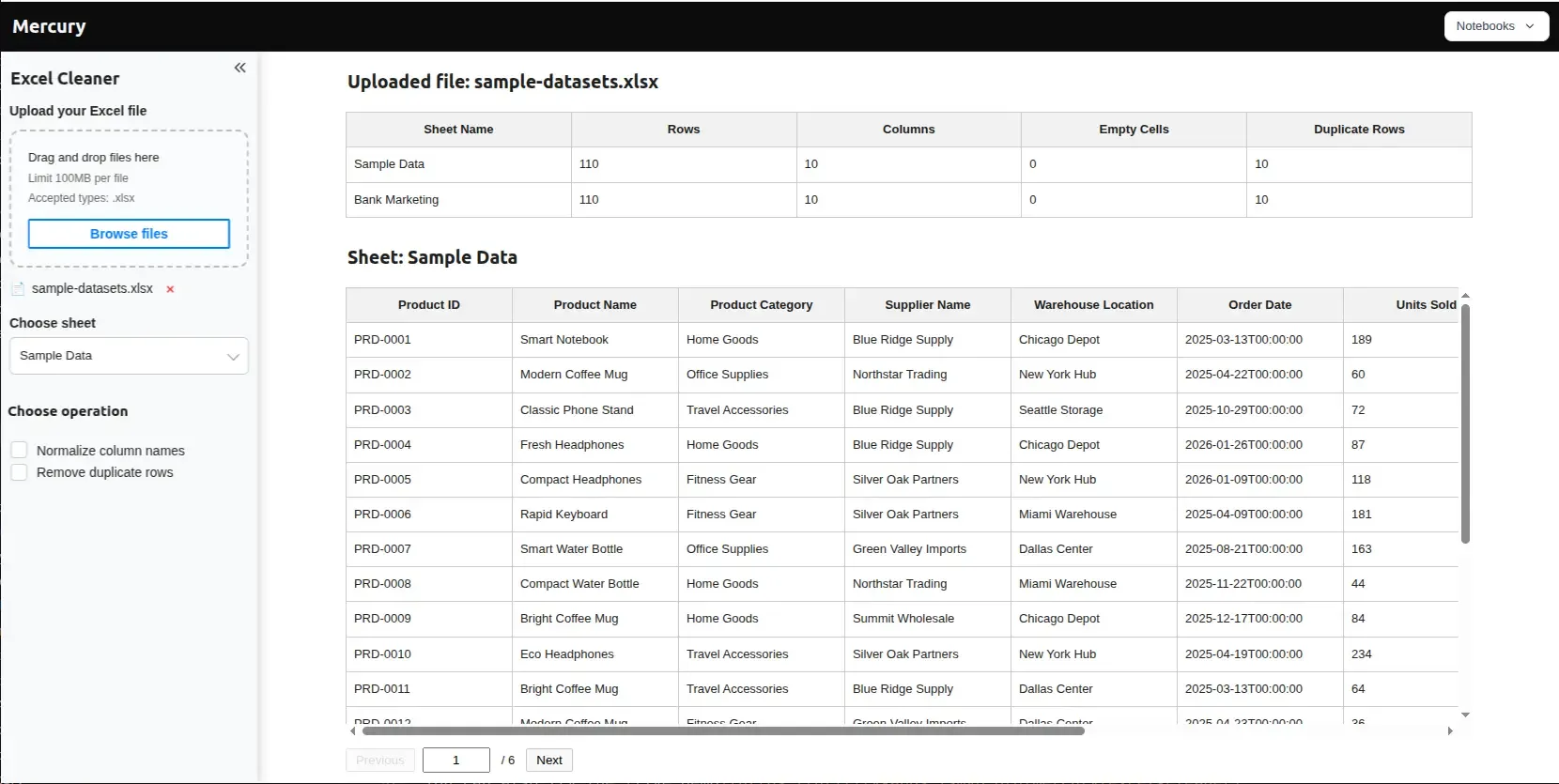 Published Excel Cleaner app with a workbook preview, sheet selector, and cleaning controls