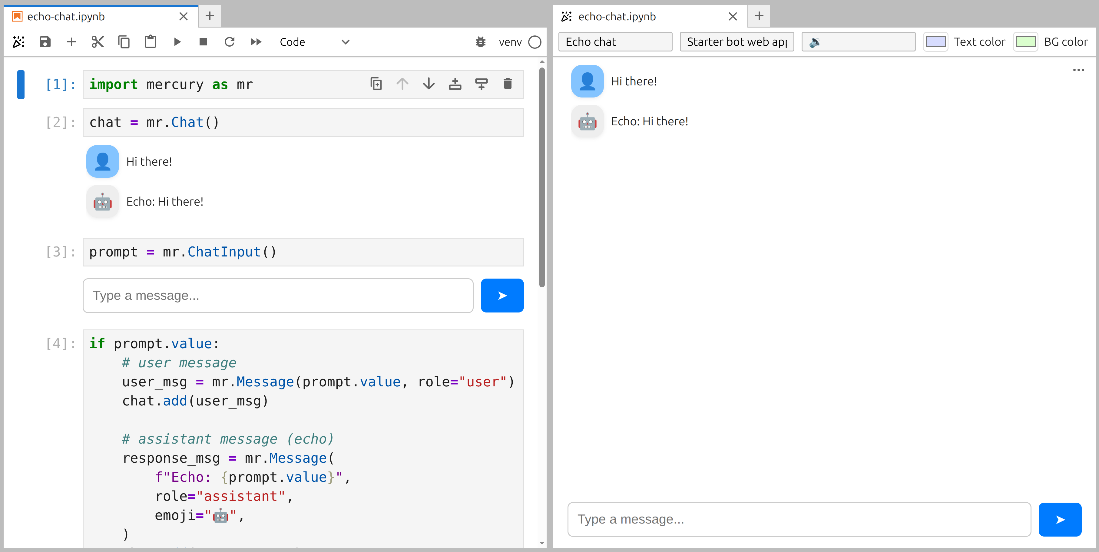 A Jupyter notebook and its live Mercury web app preview side by side