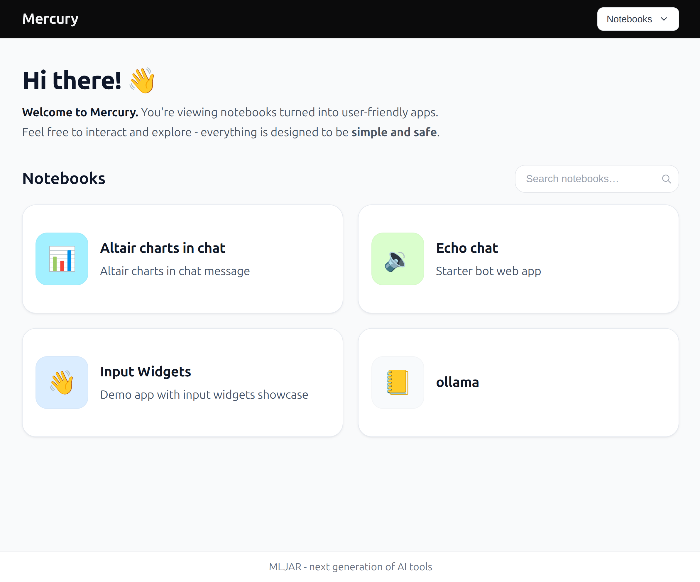 Mercury home page listing several notebook applications as cards