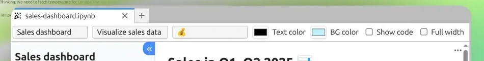 Mercury preview toolbar controls for notebook title, description, colors, code visibility, and full-width layout