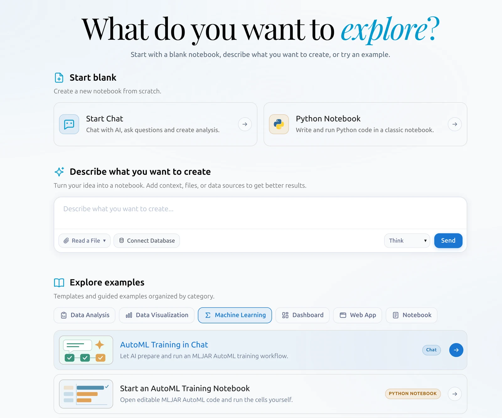 MLJAR Studio starter screen with AutoML Training in Chat and a Python training notebook