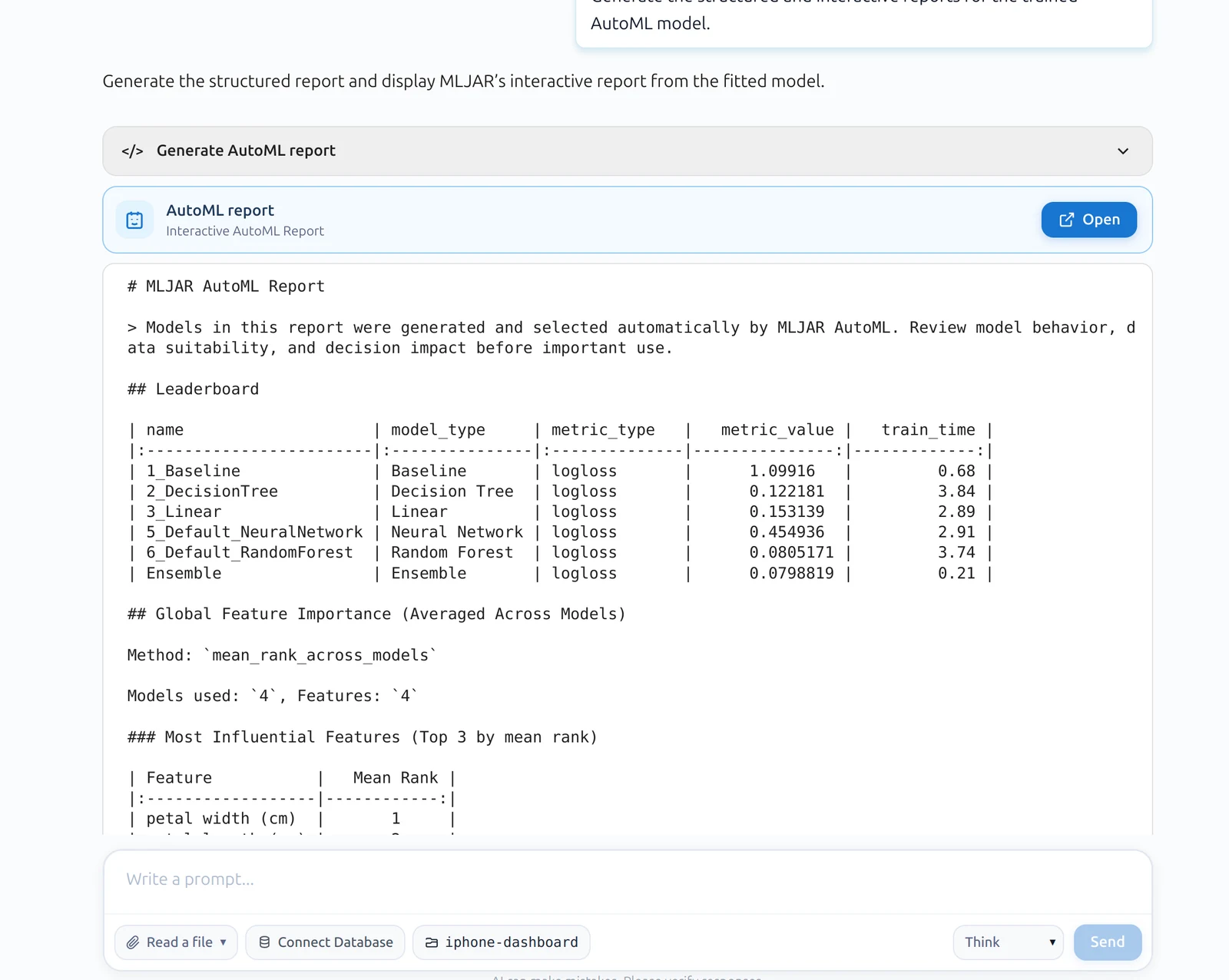 Structured AutoML report in MLJAR Studio showing the model leaderboard and global feature importance