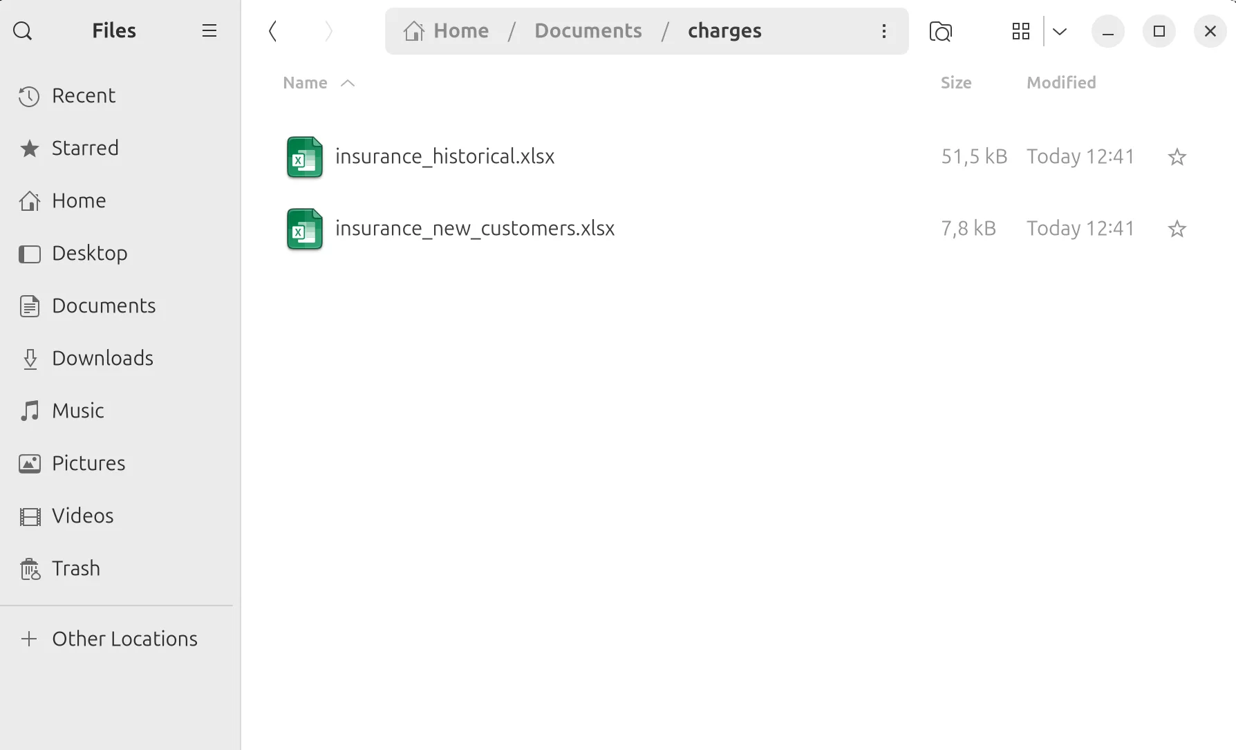 The two input workbooks in the charges directory
