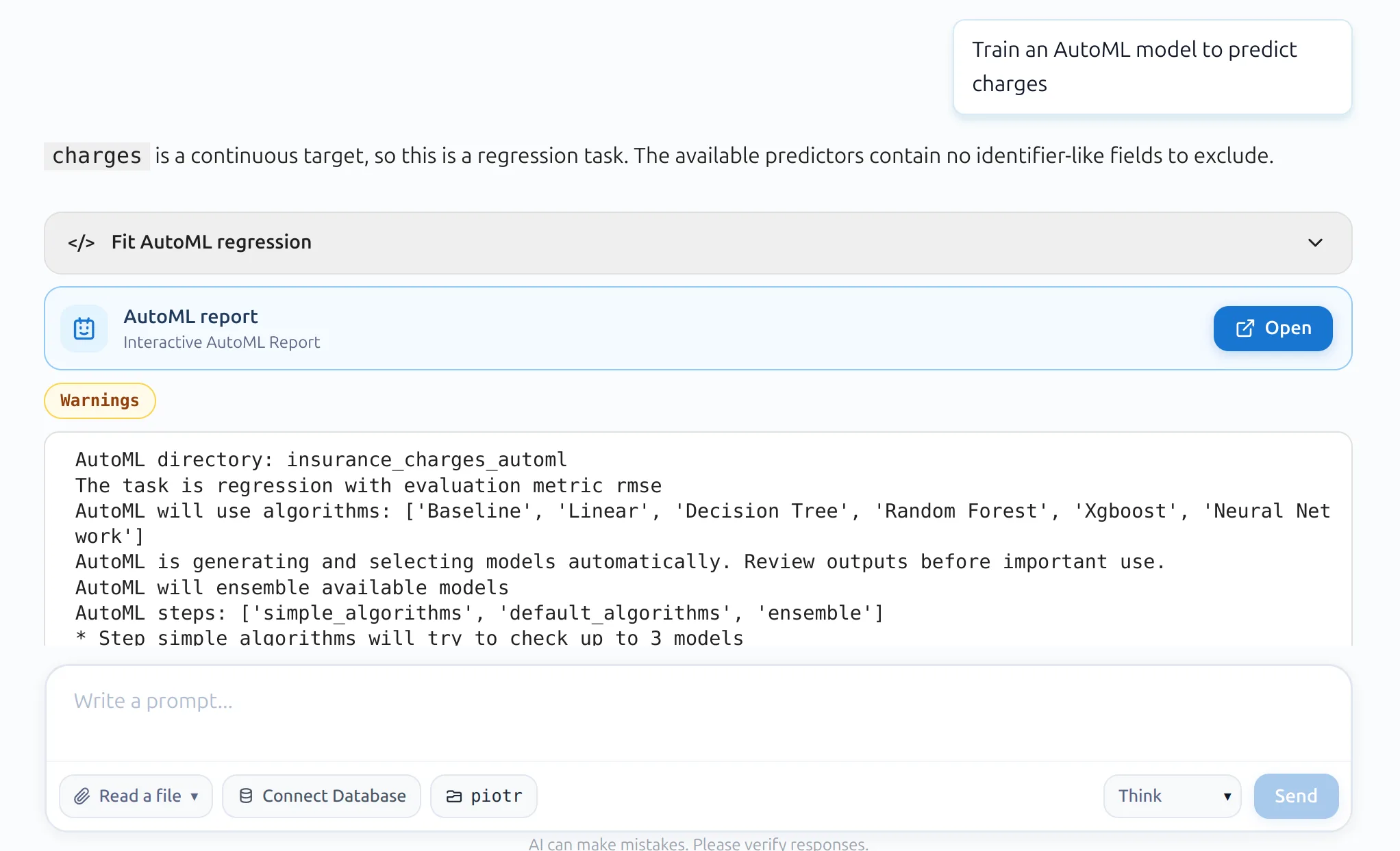 Training the AutoML regression model