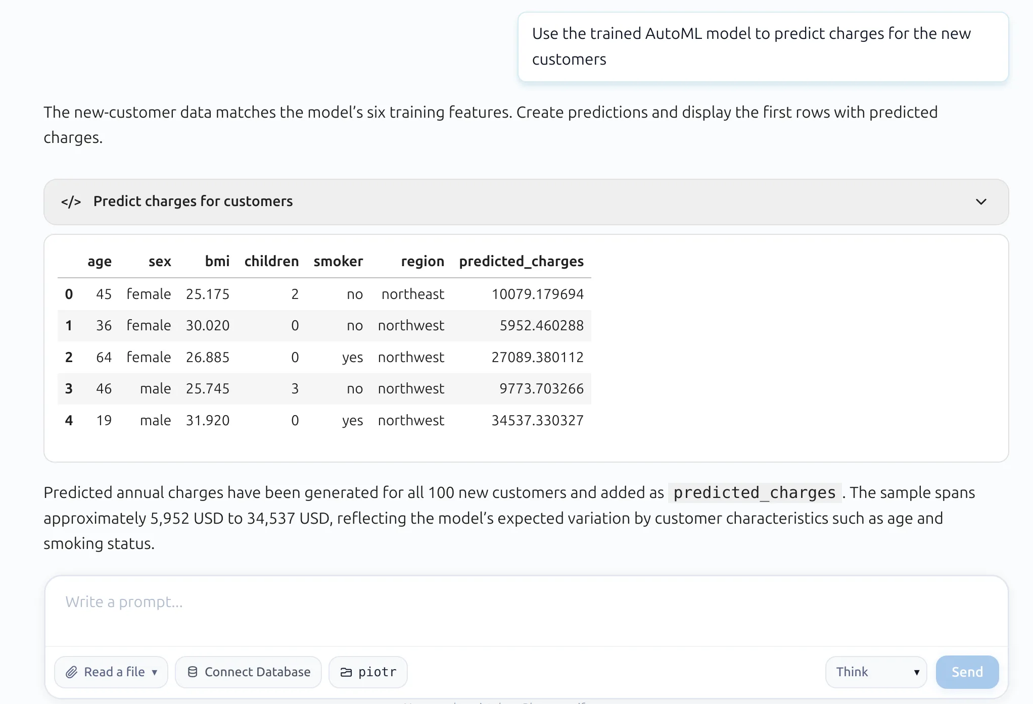 AutoML predictions added to the new-customer dataframe