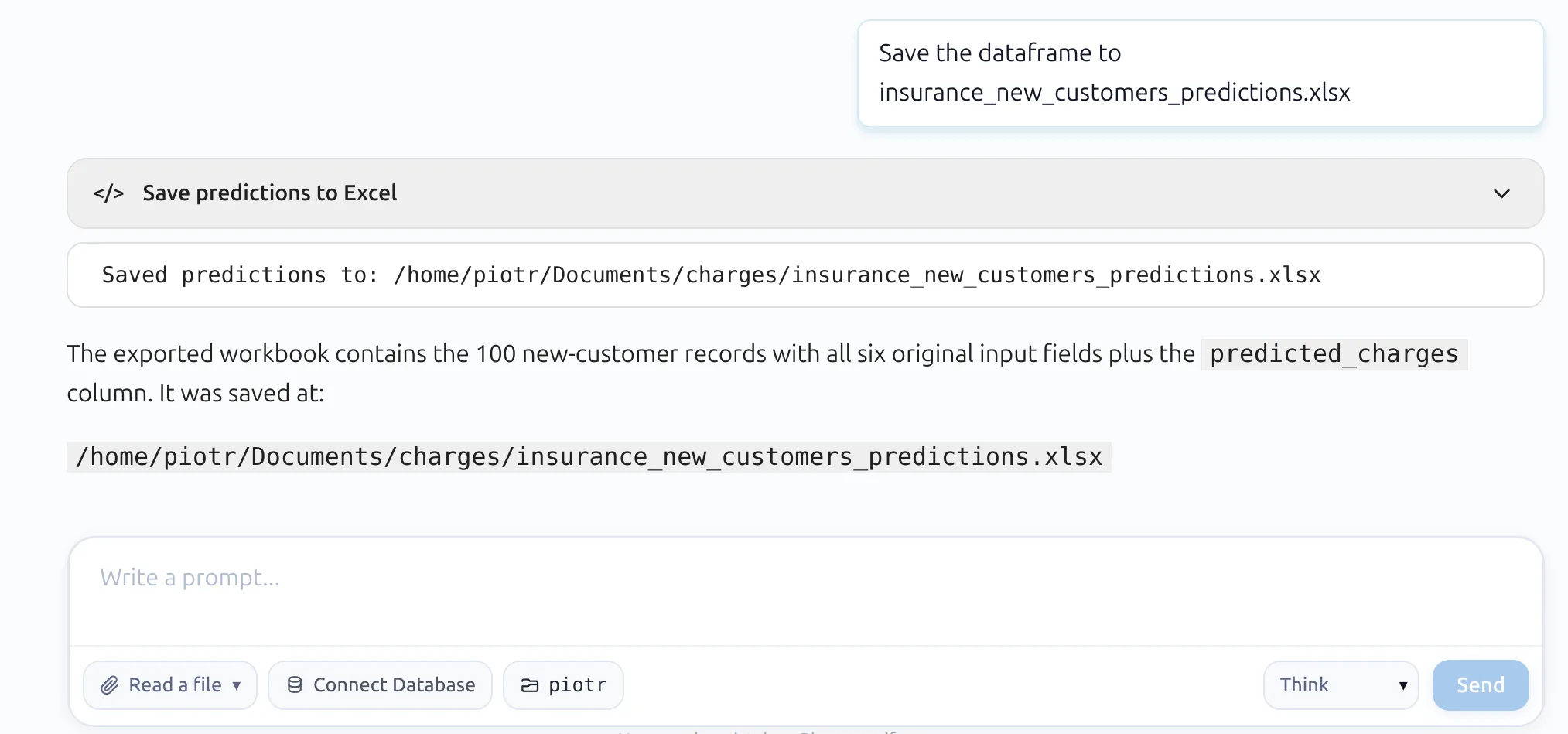 Saving the prediction dataframe to Excel