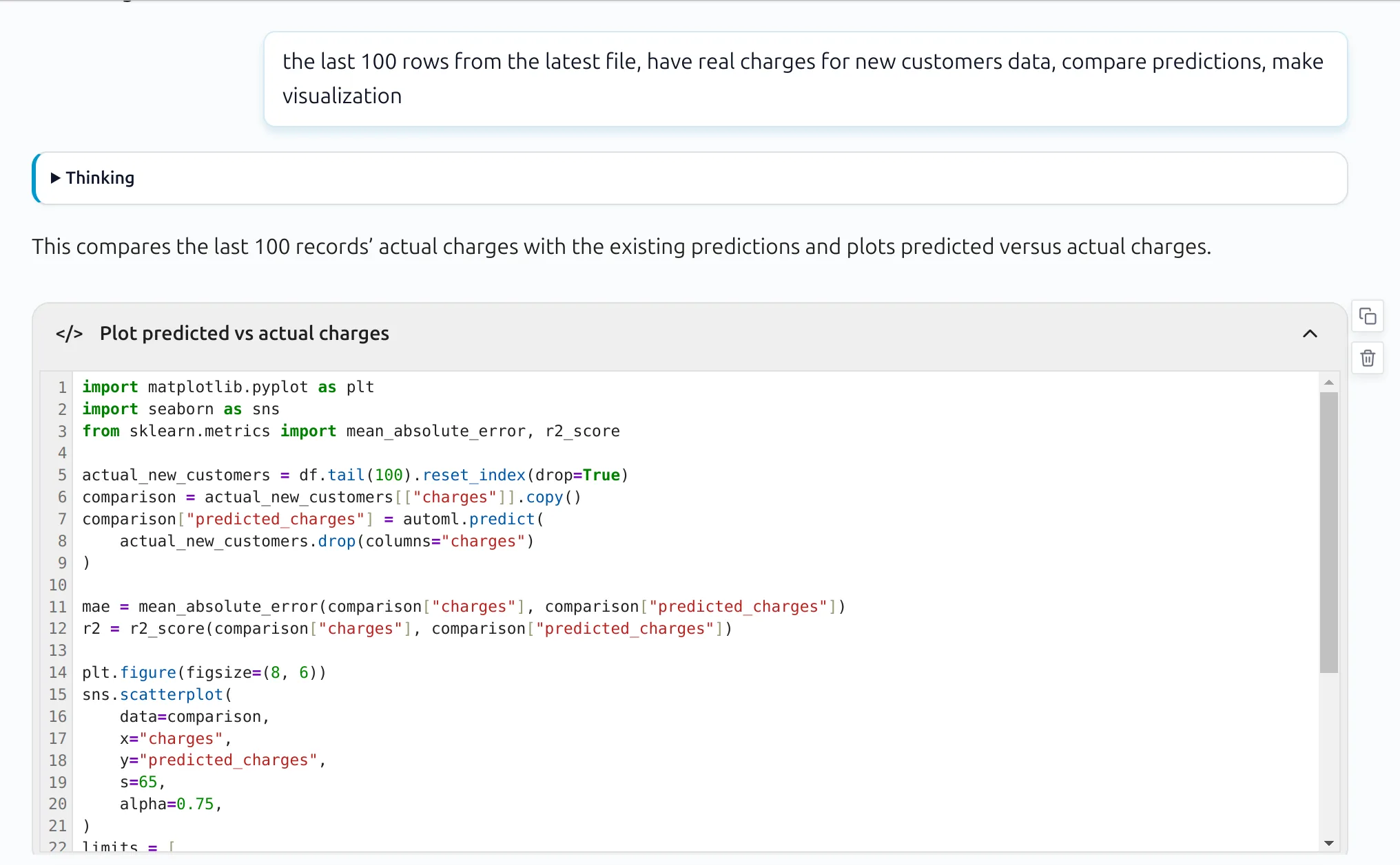 Python code comparing predictions with actual charges