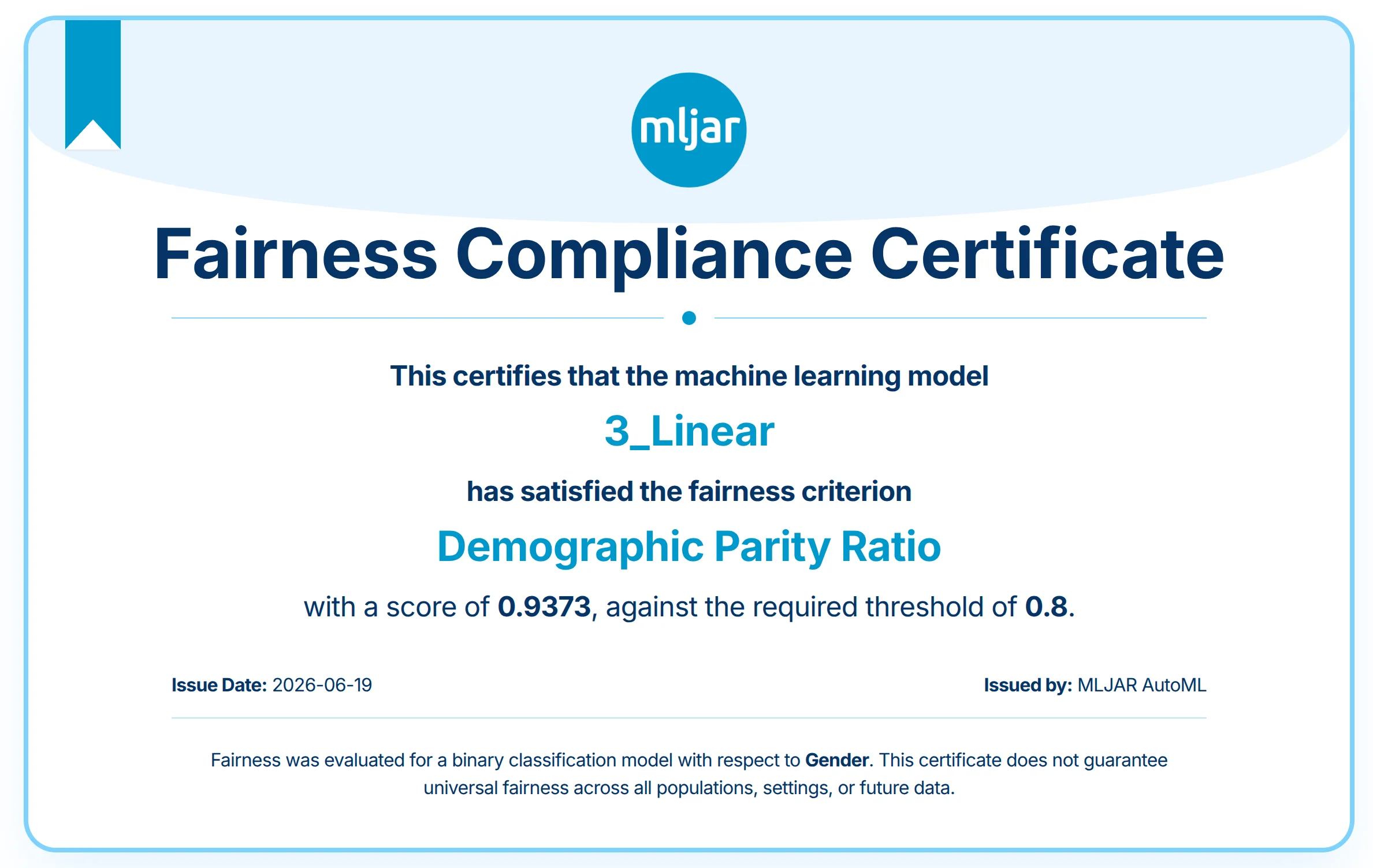 Fairness certificate