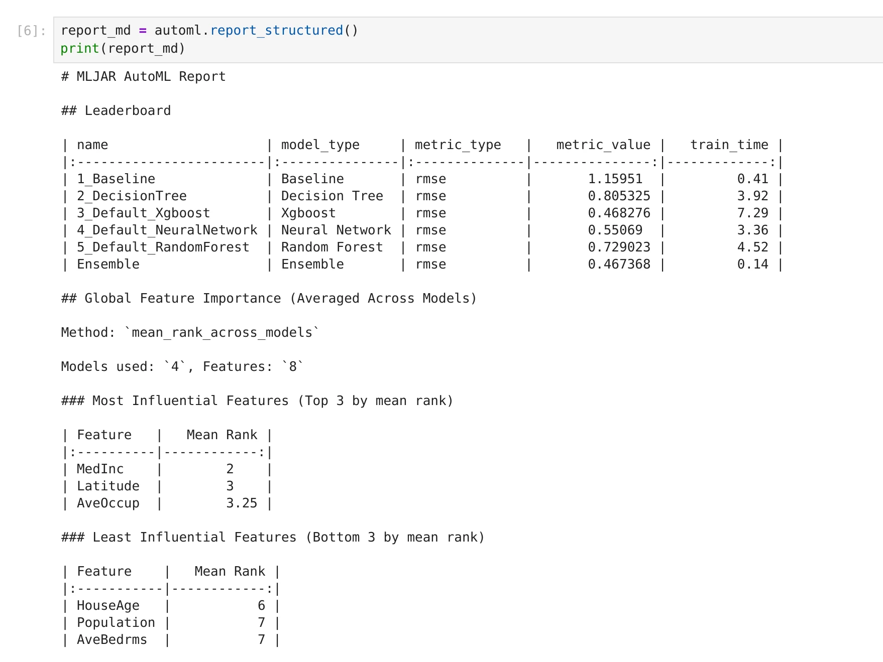 Structured AutoML report output for LLM-friendly analysis