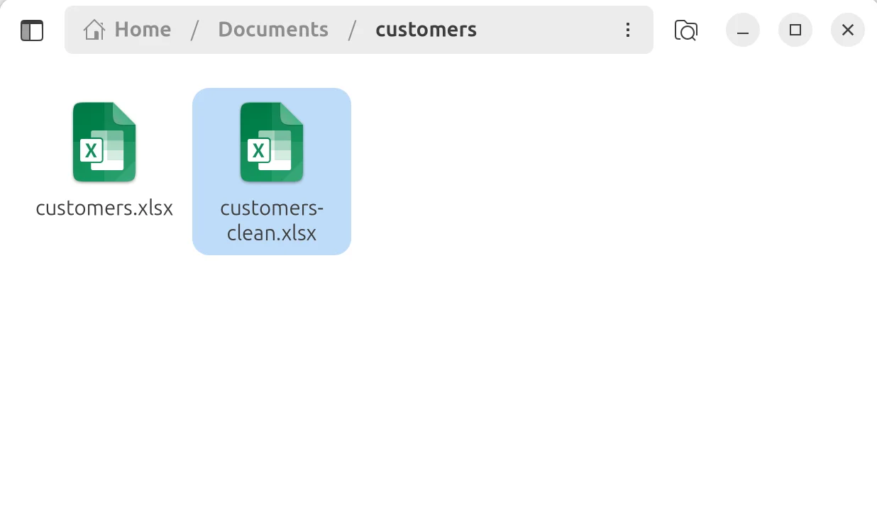 The cleaned workbook in the customers directory