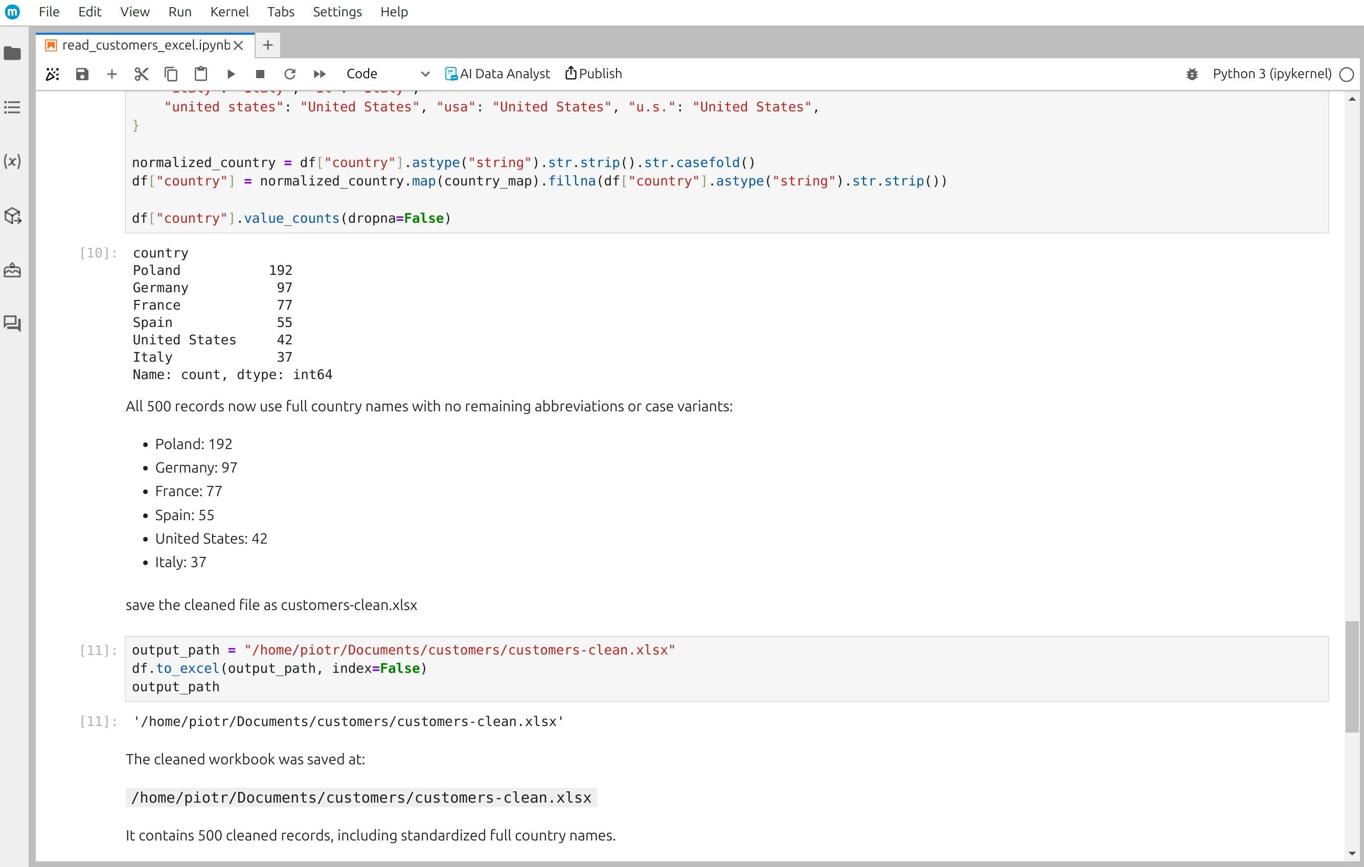 The cleaning workflow stored as Python notebook code