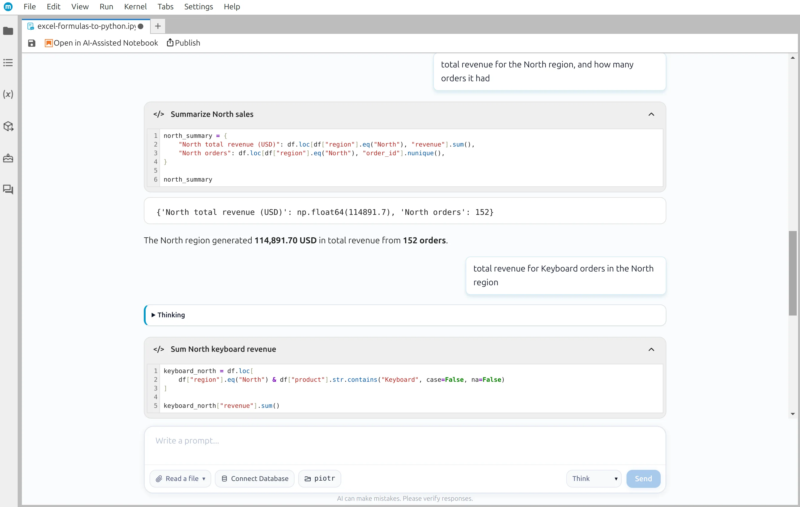 Generated Python for North revenue and Keyboard revenue