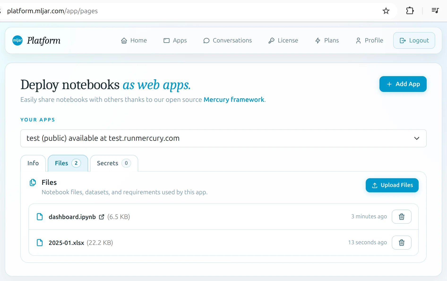 Application files on MLJAR Platform