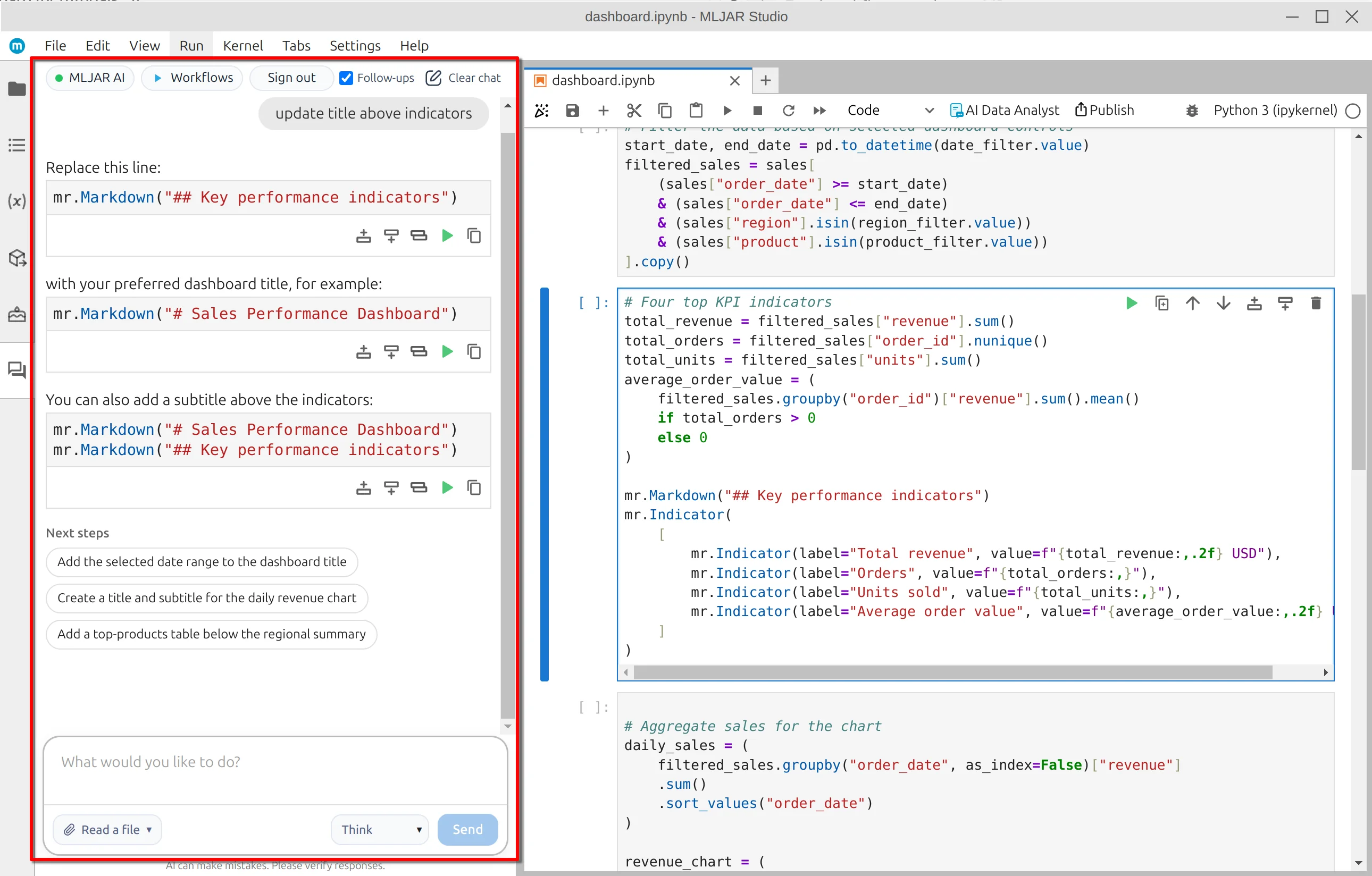 AI assistant suggesting notebook code