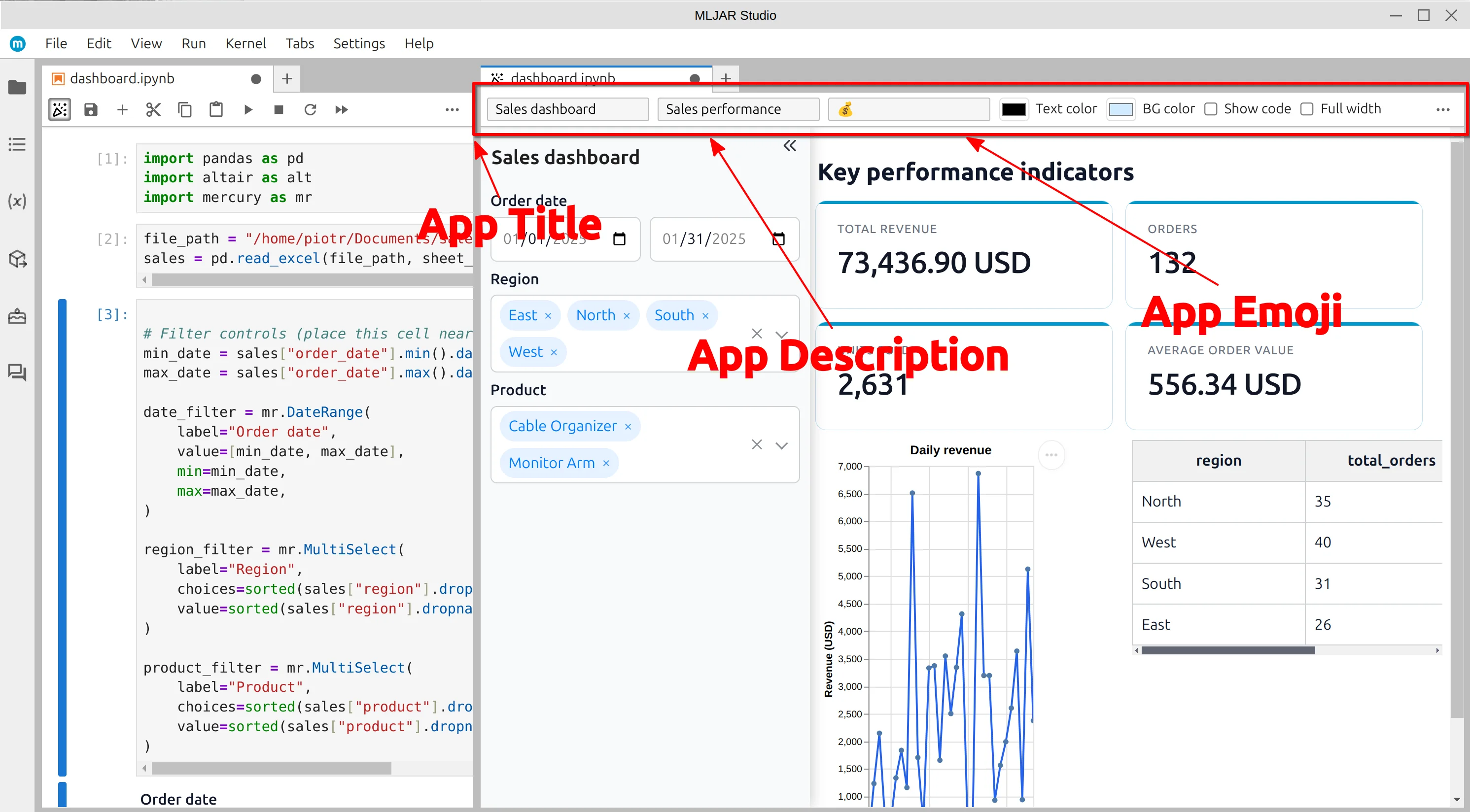 App title, description, and display settings