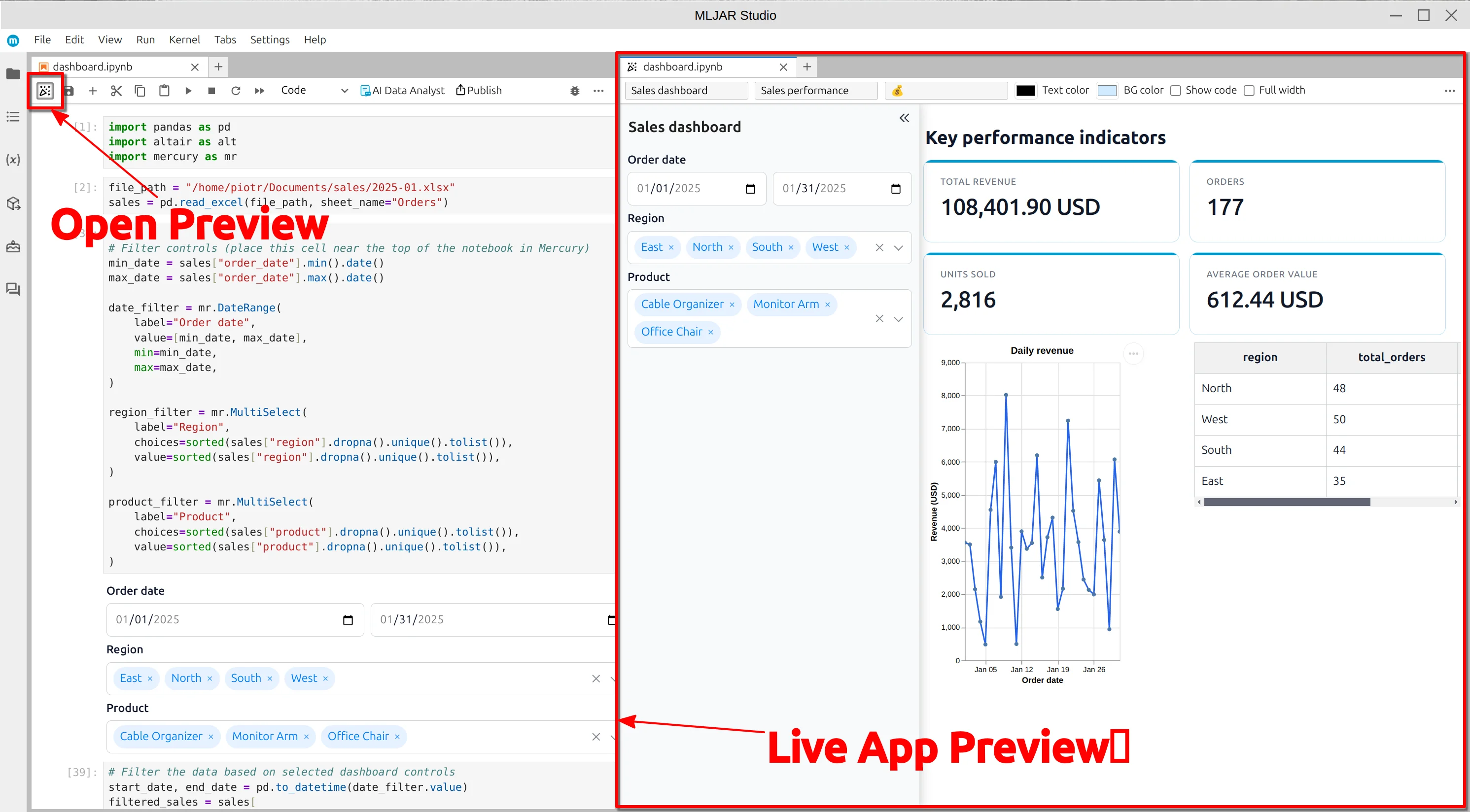 Live app preview beside the notebook
