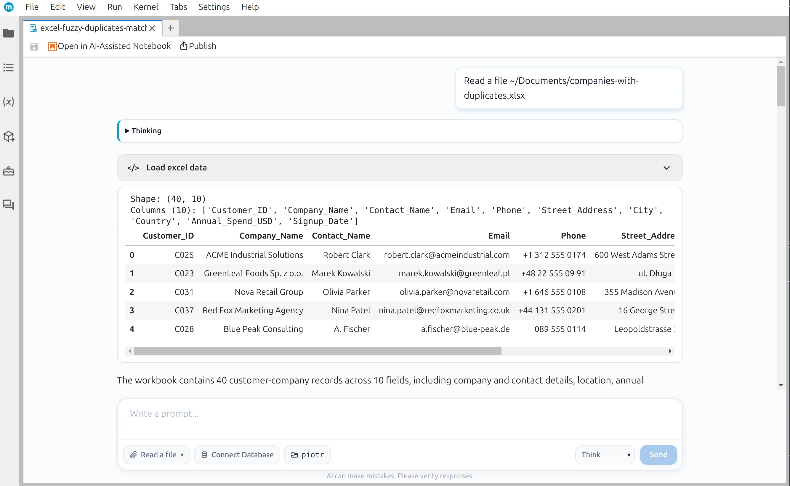 Customer workbook loaded from local disk