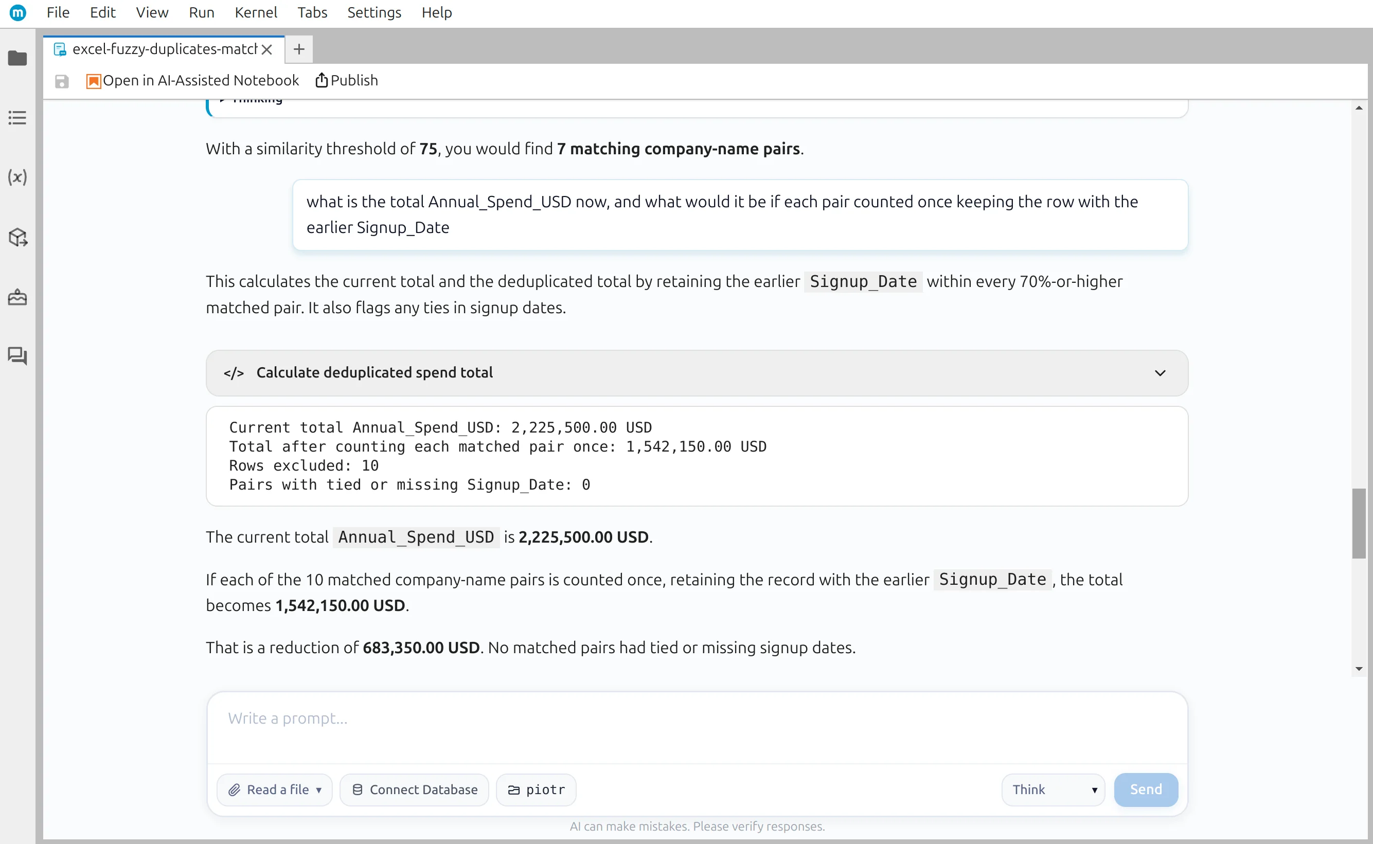 Annual spend before and after reviewed deduplication