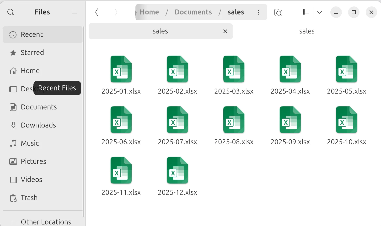 Twelve monthly Excel sales files in a folder