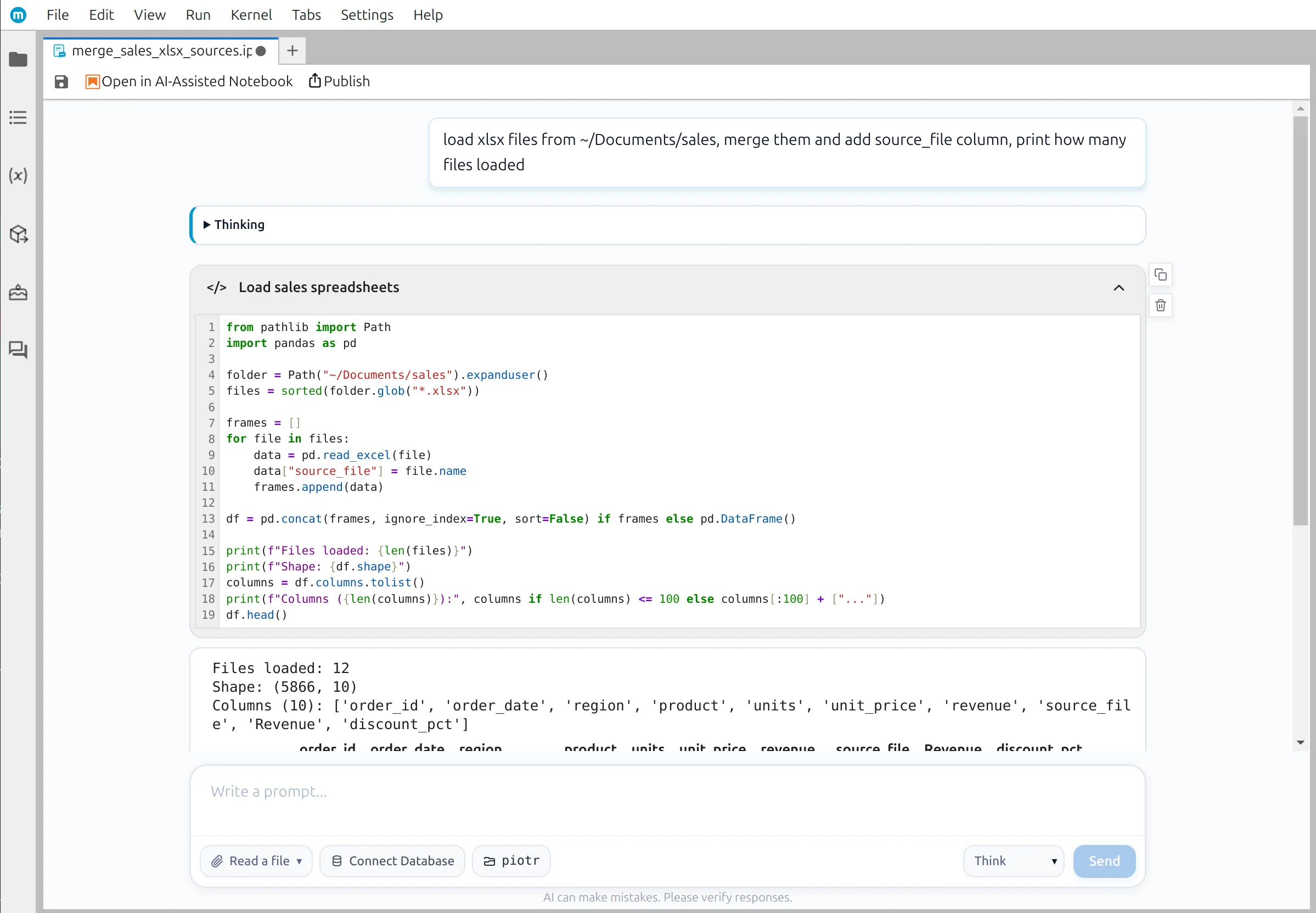 Generated Python code for merging twelve Excel files