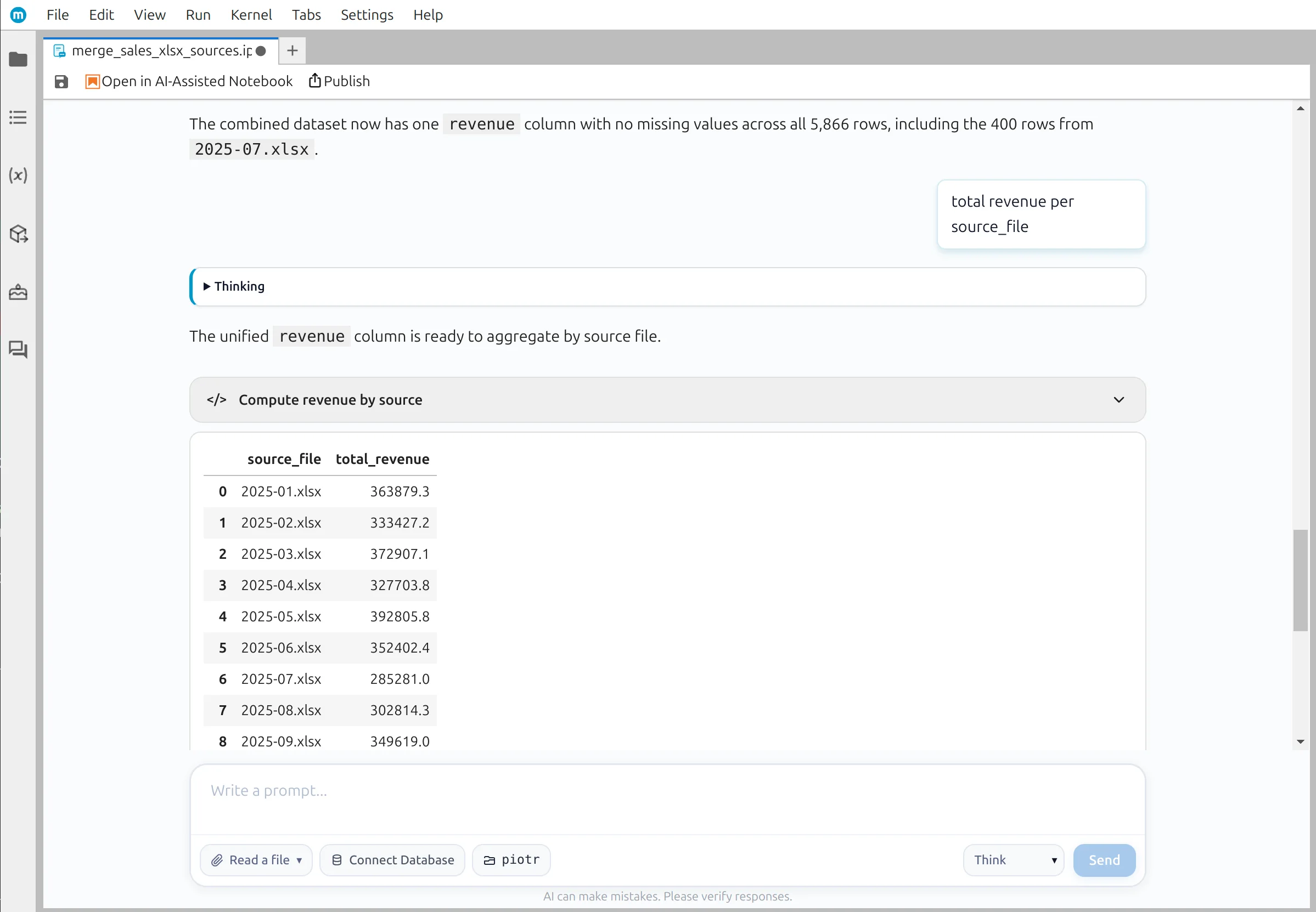 Revenue totals grouped by source file
