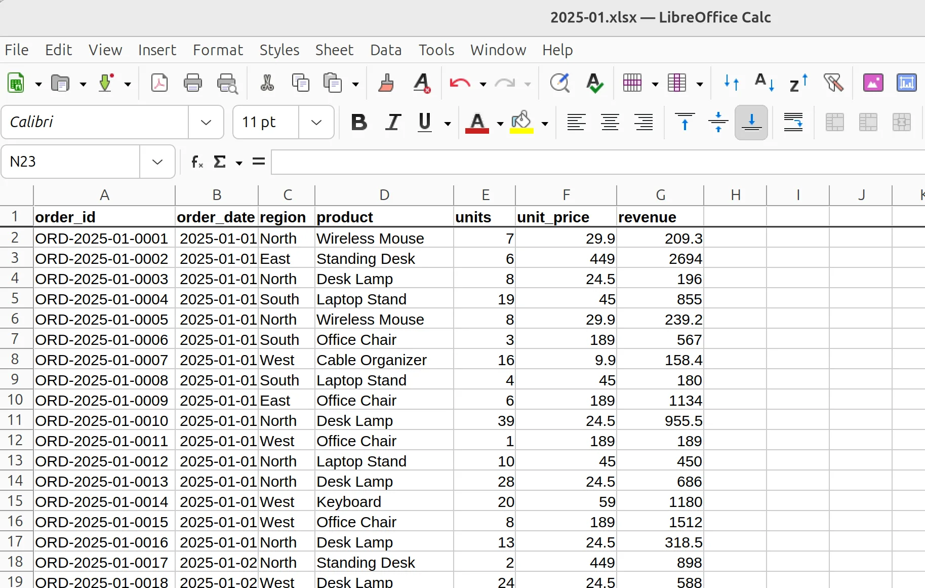January 2025 sales spreadsheet with seven matching columns