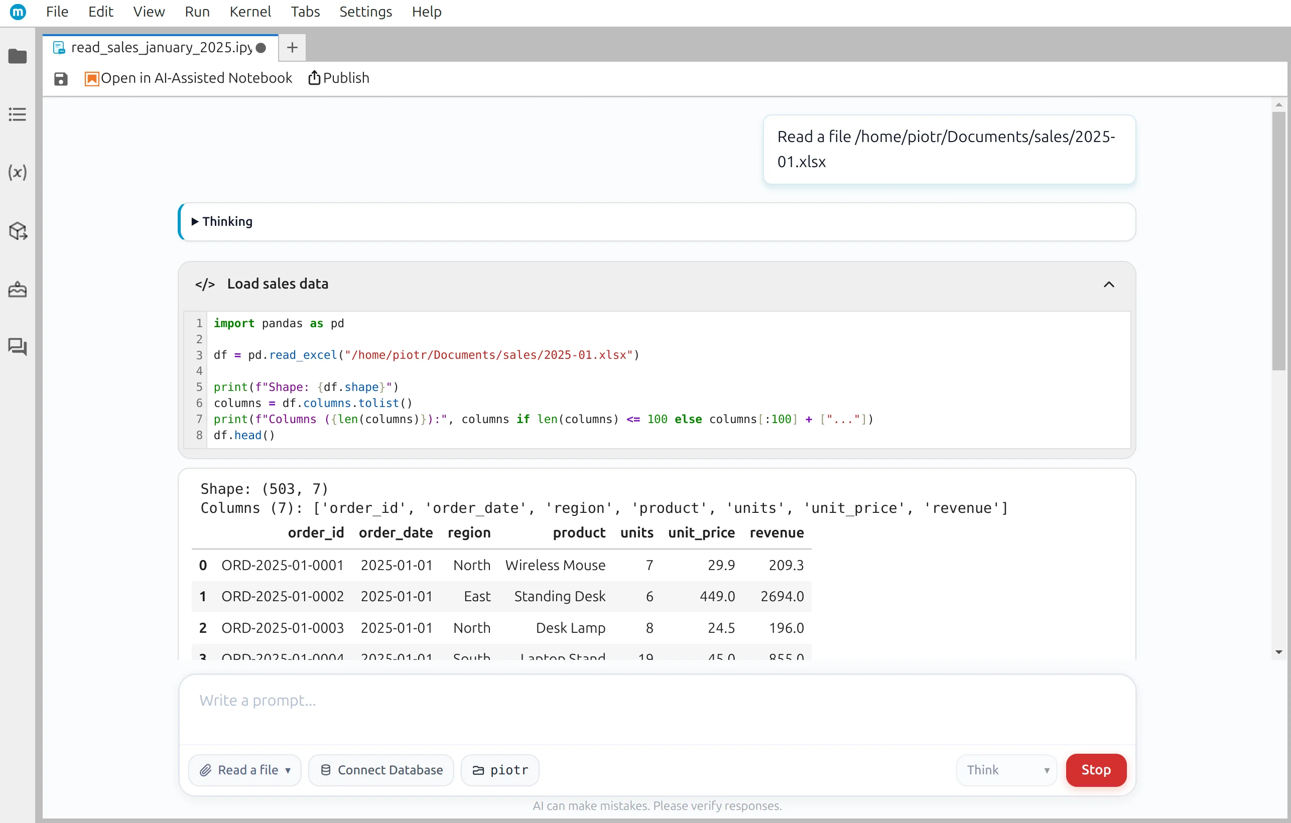 Generated Python code for reading the Excel file