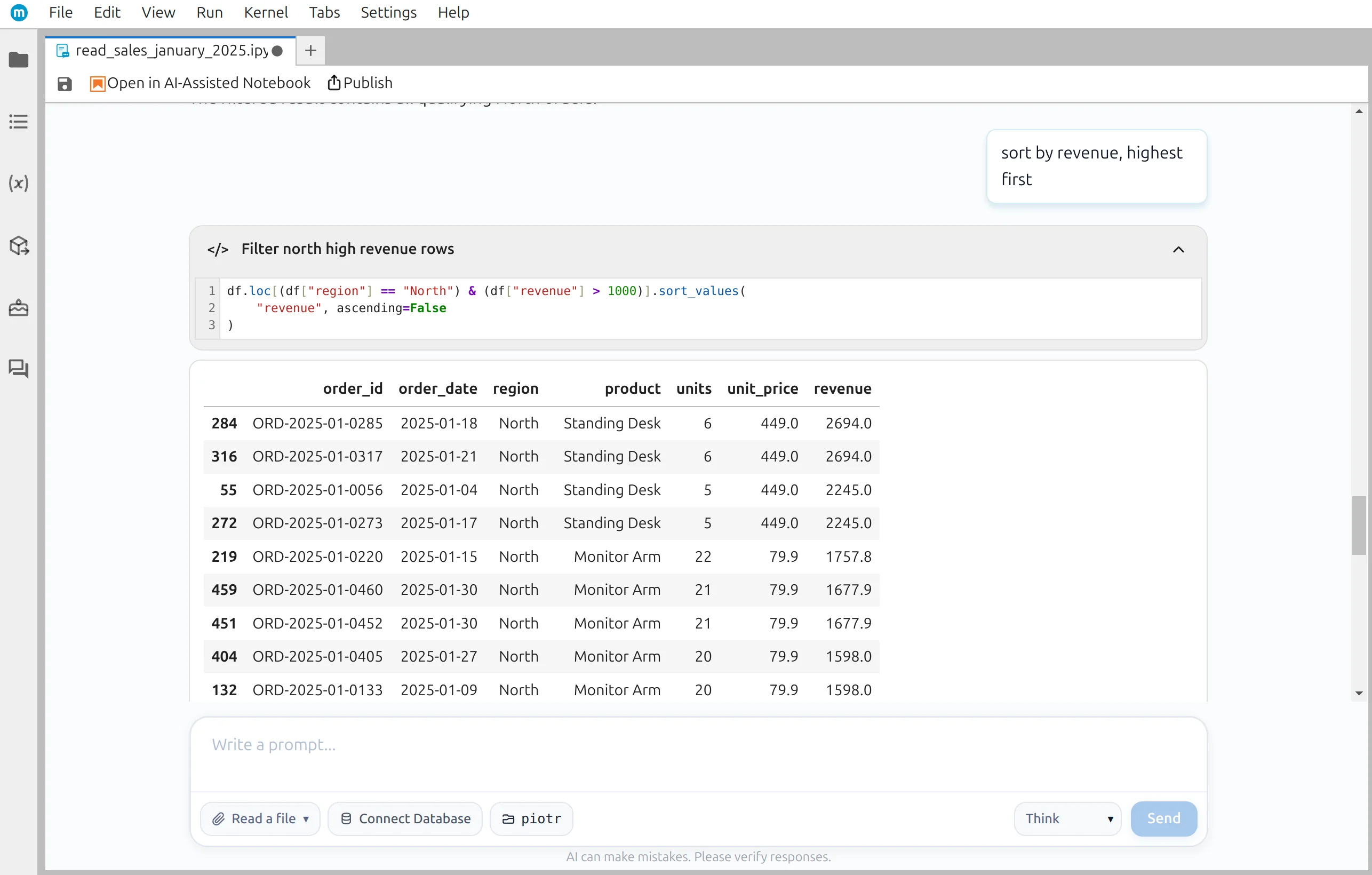 Sort the filtered rows by revenue
