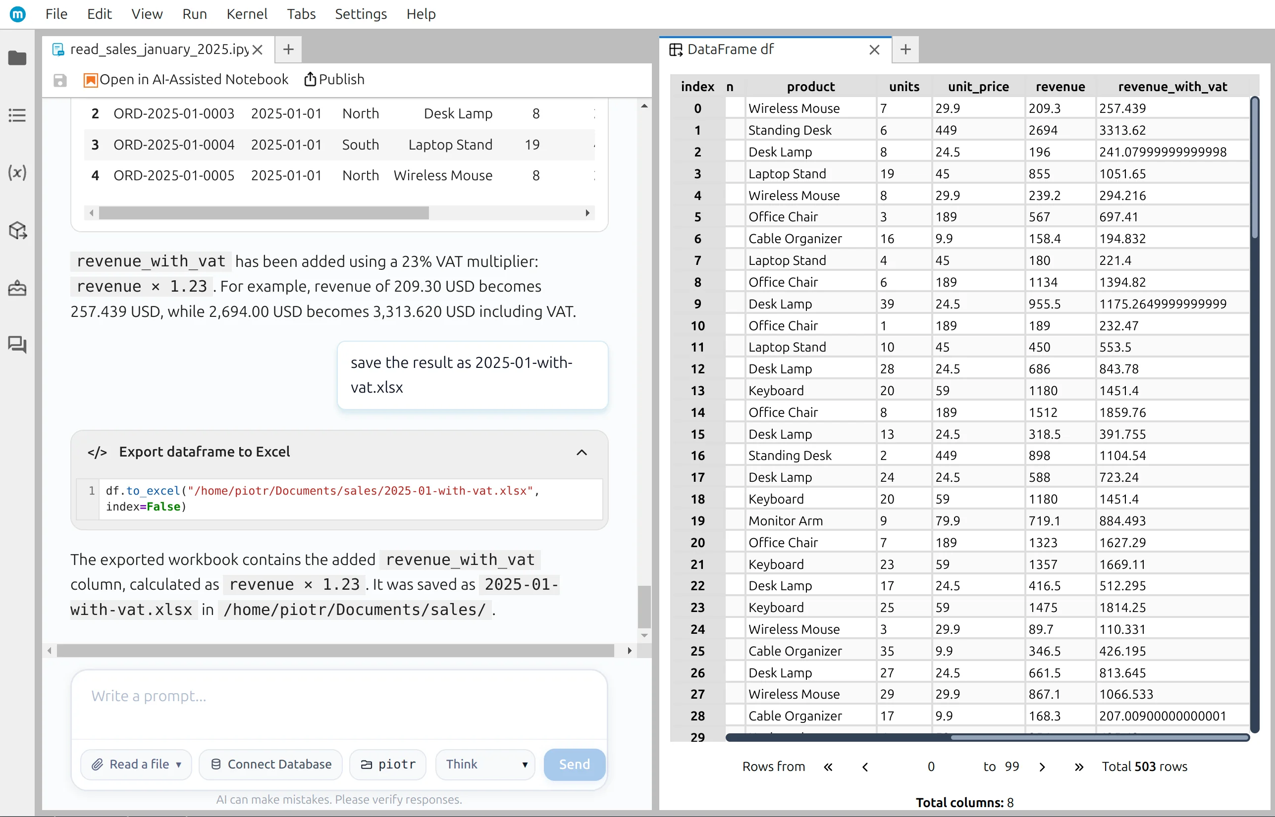 Preview the dataframe while working in the AI conversation